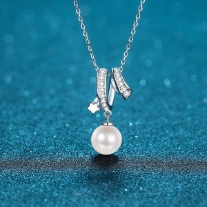 925 Sterling Silver Freshwater Pearl Moissanite Necklace For Women Elegant Star Ribbon Pendant Clavicle Chain Jewelry