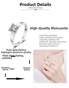 Detailed view of princess cut moissanite ring showing 4-claw setting and multi-layer plating
