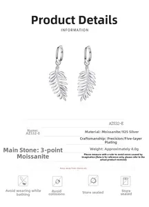 Detail of leaf-shaped S925 sterling silver earrings with moissanite and five-layer plating