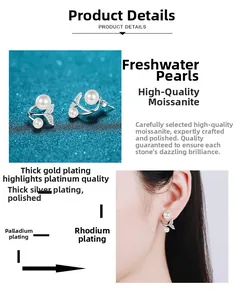 Detailed view of mermaid tail earrings with freshwater pearls and moissanite on model