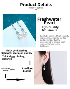 Detailed view of 8mm freshwater pearl and moissanite drop earrings with plating process