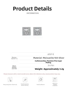 Detailansicht der 925 Silber Moissanit-Ohrringe mit 2ct/4ct quadratischen Steinspezifikationen