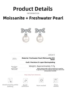 Close-up of S925 silver bow earrings with 6mm freshwater pearl and moissanite detail
