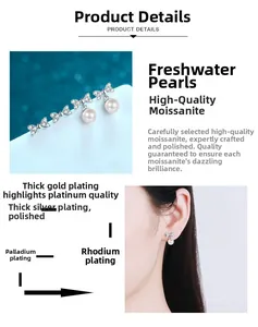 Detail view of bow earrings with moissanite and 6mm freshwater pearl with model shots