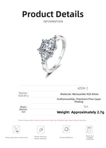 Detailed specs of 3ct moissanite S925 silver ring with 3-stone setting and electroplating