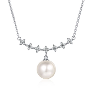 Elegant S925 silver necklace with white freshwater pearl and zircon floral pendant