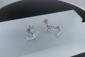 Détail macro de boucles d'oreilles smile en argent S925 avec pavé de pierres moissanite