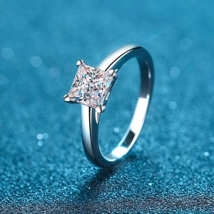S925 sterling silver ring with princess cut moissanite in a classic four-prong setting
