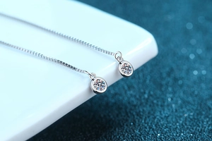 Detailed view of S925 sterling silver tassel earrings with bezel-set Moissanite accents