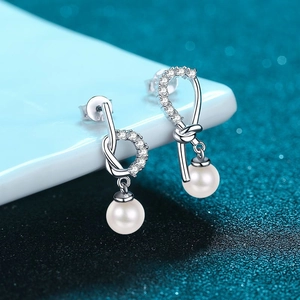 S925 Sterling Silver Moissanite Knot Earrings For Women 7mm Freshwater Pearl Asymmetric Dangle Earrings Fine Jewelry Gift