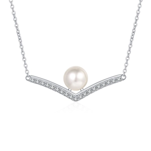 S925 silver V-shaped necklace with 8mm freshwater pearl and sparkling moissanite stones