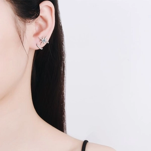 925 Sterling Silver Snowflake Star Earrings featuring a crescent moon and moissanite stone