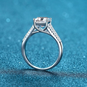 Elegant S925 sterling silver ring with emerald cut moissanite and pave diamonds