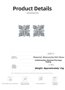 Detailed spec sheet for 925 silver stud earrings featuring cross design and moissanite