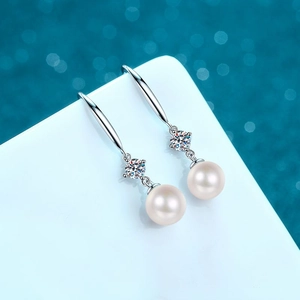 S925 sterling silver hook earrings featuring 8mm freshwater pearl and moissanite stone