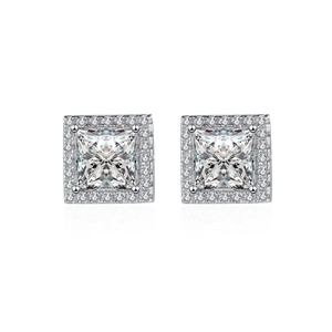 Quadratische S925 Sterling Silber Halo Ohrstecker mit glänzenden Moissanit Steinen