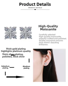 Close-up of 925 sterling silver square stud earrings with moissanite stones and rhodium plating