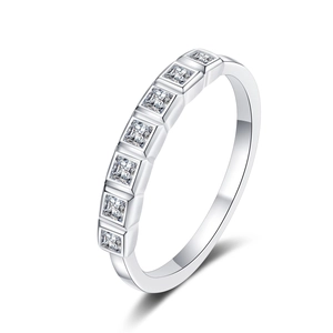 S925 sterling silver band ring featuring seven square cut moissanite stones on white background