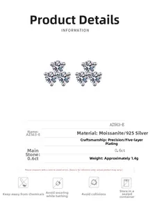 Detail view of 925 silver clover earrings with 0.6ct moissanite and 5-layer plating
