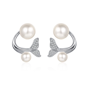 S925 sterling silver mermaid tail earrings featuring double freshwater pearls and zircons