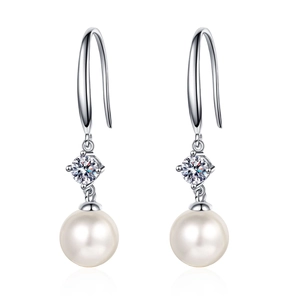 Elegant S925 sterling silver drop earrings with 8mm freshwater pearls and moissanite stones