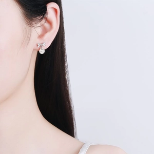 S925 sterling silver bow earrings with 6mm freshwater pearl and moissanite accents