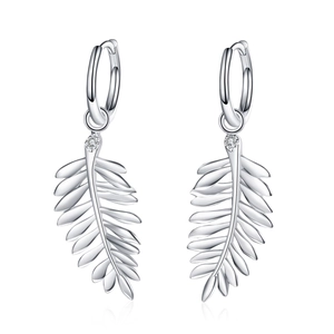 S925 sterling silver leaf hoop earrings featuring moissanite accents on white background