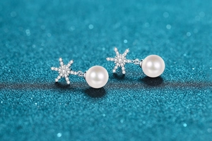 Detailed view of S925 silver snowflake earrings with freshwater pearls on star background