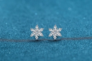Close-up of S925 sterling silver snowflake earrings with sparkling moissanite stones