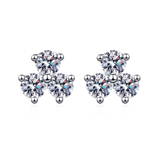 925 sterling silver clover earrings with three moissanite stones and brilliant finish