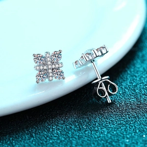 925 sterling silver stud earrings featuring square-set moissanite stones and fine micro-pave
