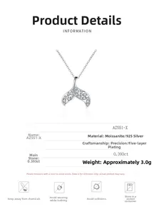 Detailed specifications table for S925 sterling silver mermaid tail necklace with moissanite