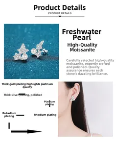 Macro detail of S925 sterling silver star earrings with freshwater pearls and moissanite