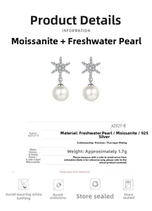 Detailed specs of S925 silver snowflake earrings with 8mm freshwater pearl and moissanite