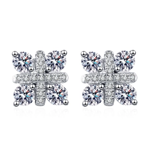 925 silver stud earrings featuring four round moissanite stones in a clover square design