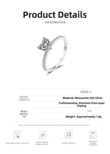 Macro shot of 925 silver heart moissanite ring with detailed product specification chart