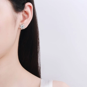 Elegant S925 sterling silver snowflake stud earrings on model for a winter look