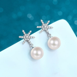 Elegant S925 sterling silver snowflake earrings with freshwater pearls and moissanite