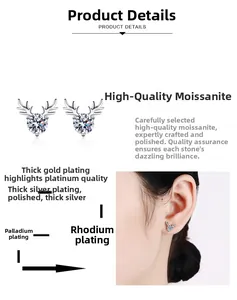 Détail macro de boucles d'oreilles renne en argent S925 avec moissanite sertie griffes