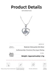 Détails du collier cœur en argent S925 avec pierre de Moissanite 0,8ct et caractéristiques