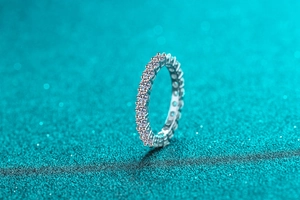 Macro detail of S925 sterling silver eternity band featuring full pavé moissanite stones