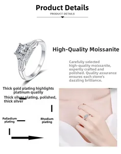 Détail d'une bague en moissanite taille princesse avec placage en argent S925