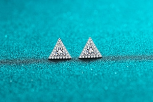 Detailed macro view of S925 sterling silver triangle moissanite stud earrings