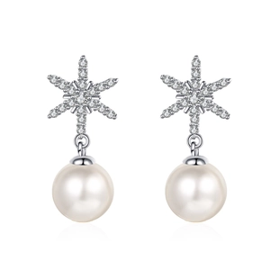 Elegant S925 sterling silver snowflake earrings with freshwater pearls and moissanite