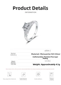 Détail d'une bague en argent 925 avec une pierre de moissanite de taille carrée