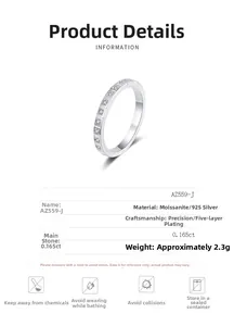 Detailed spec sheet for AZ559-J S925 silver moissanite ring showing 2.3g weight and plating