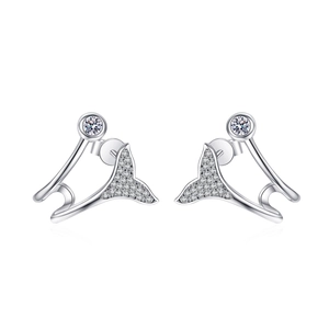 S925 sterling silver mermaid tail stud earrings with brilliant zircon inlays for women
