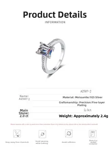 Macro detail of 2.0ct radiant cut moissanite ring with S925 silver plating specs