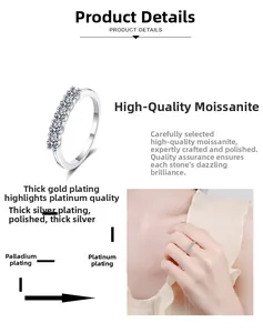 Detail view showing multi-stone moissanite ring with premium plating process and on-model display