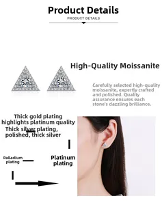 Detail of triangle moissanite stud earrings featuring silver and rhodium plated layers